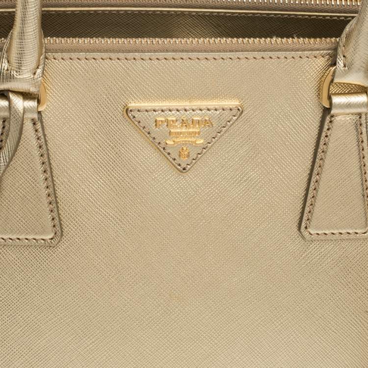 Pre Owned Prada Metallic Gold Saffiano Leather Small Galleria Double Zip Tote