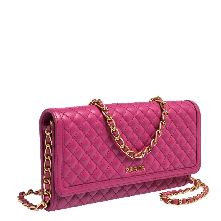 Pre Owned Prada Fuchsia Quilted Leather Wallet on Chain
