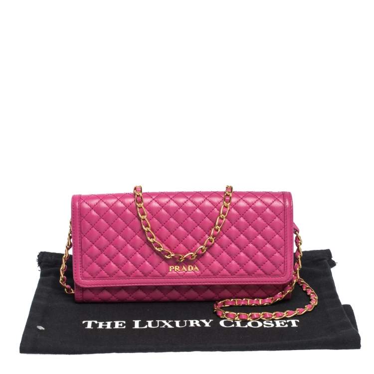 Pre Owned Prada Fuchsia Quilted Leather Wallet on Chain
