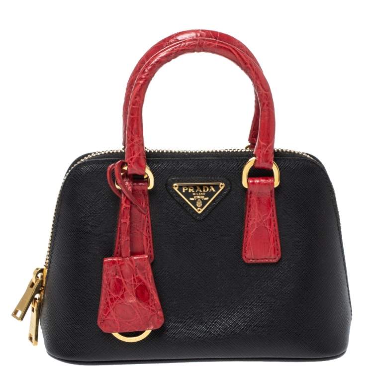 Prada Black/Red Saffiano Lux Leather and Croc Mini Promenade Crossbody Bag  Prada