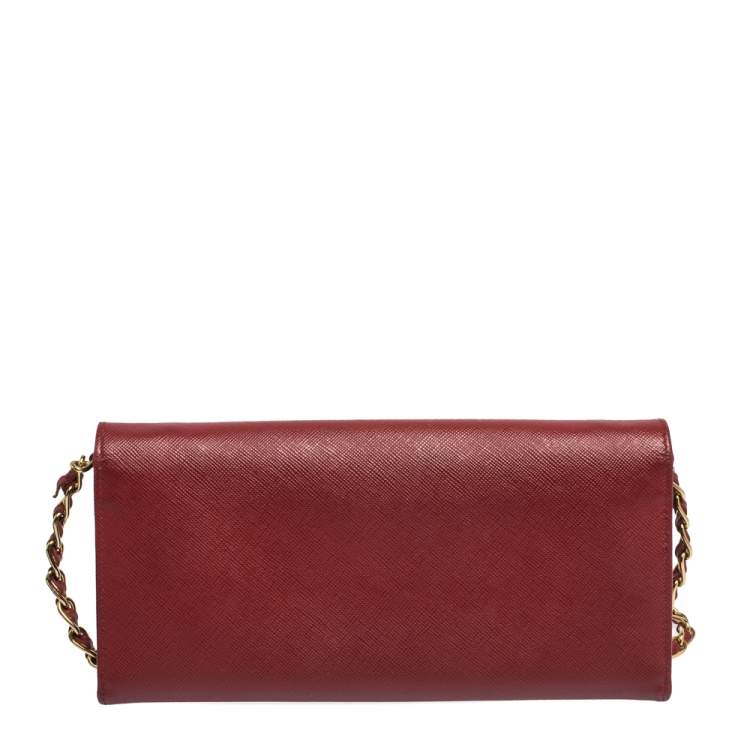 Pre Owned Prada Red Saffiano Lux Leather Wallet on Chain