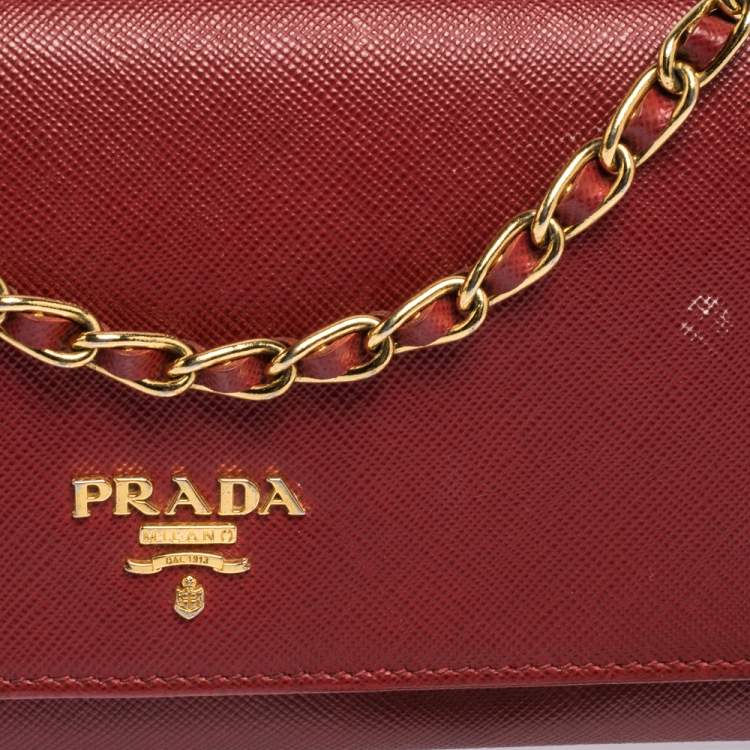 Pre Owned Prada Red Saffiano Lux Leather Wallet on Chain