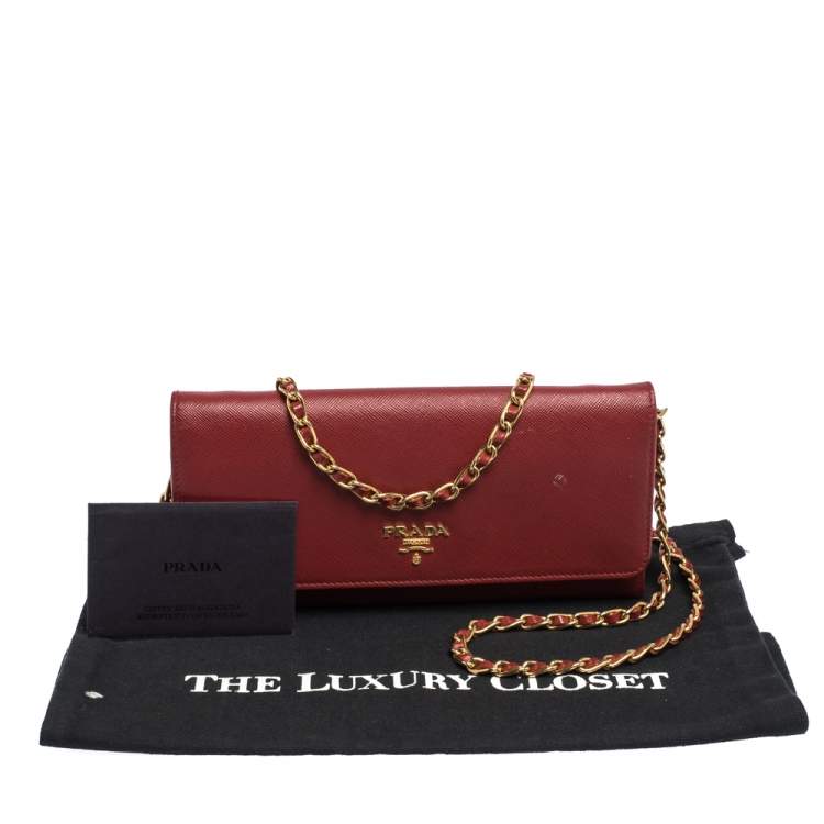 Pre Owned Prada Red Saffiano Lux Leather Wallet on Chain