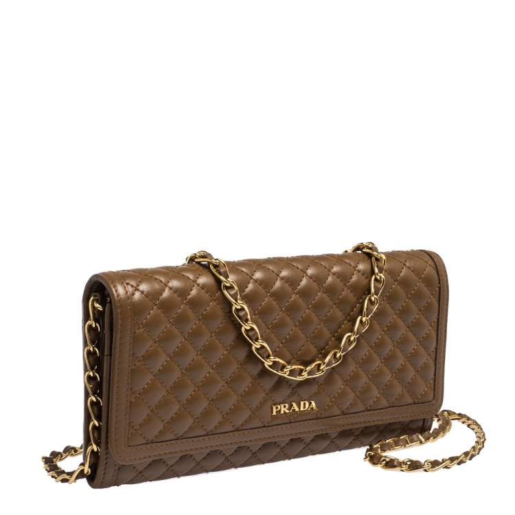 Pre Owned Prada Coffee Brown Quilted Leather Flap Wallet on Chain