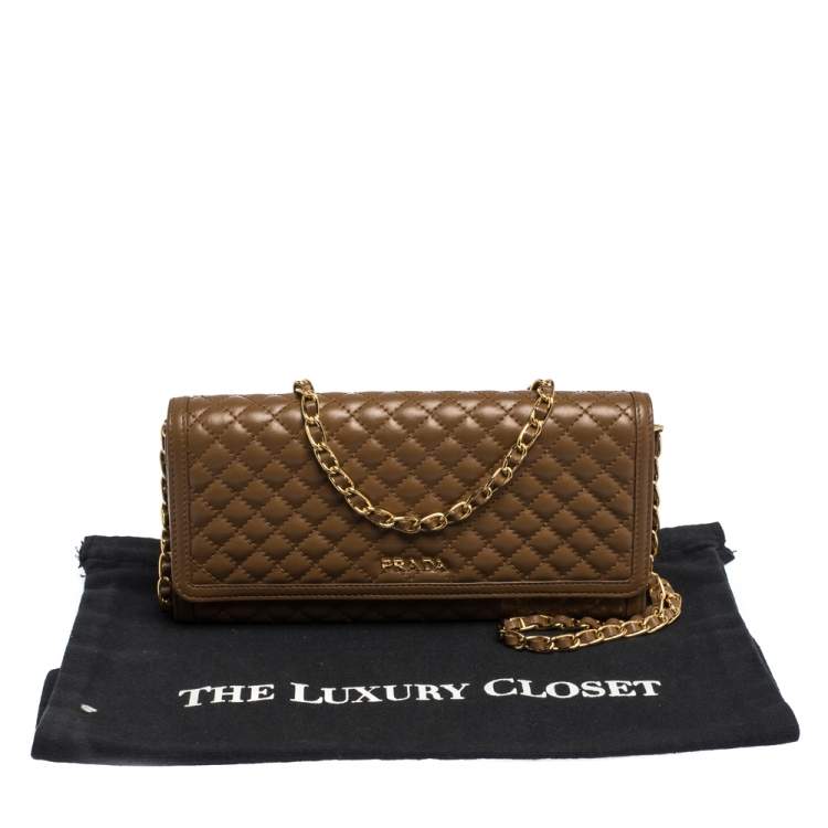 Pre Owned Prada Coffee Brown Quilted Leather Flap Wallet on Chain