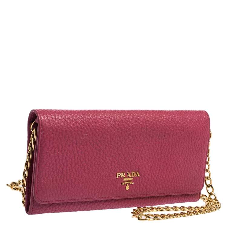 Pre Owned Prada Pink Grained Leather Wallet on Chain