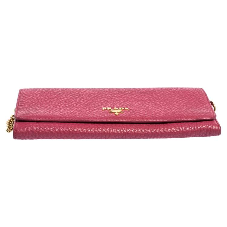 Pre Owned Prada Pink Grained Leather Wallet on Chain