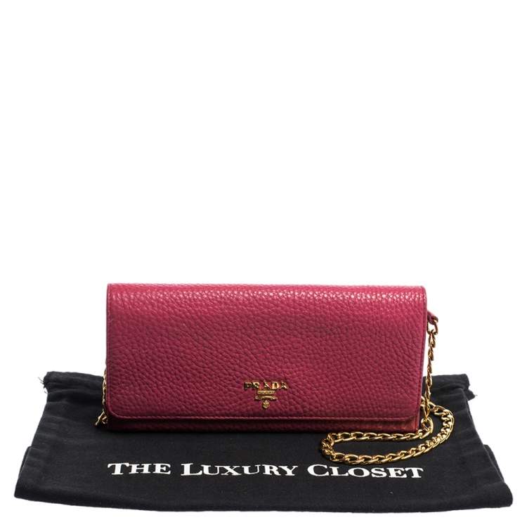 Pre Owned Prada Pink Grained Leather Wallet on Chain