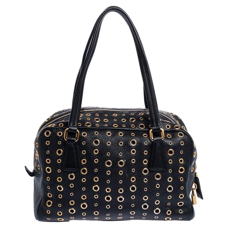 Pre Owned Prada Black Leather Grommet Bauletto Bag