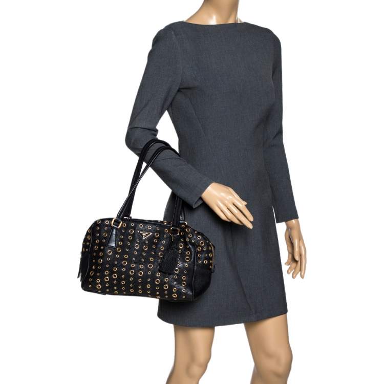 Pre Owned Prada Black Leather Grommet Bauletto Bag