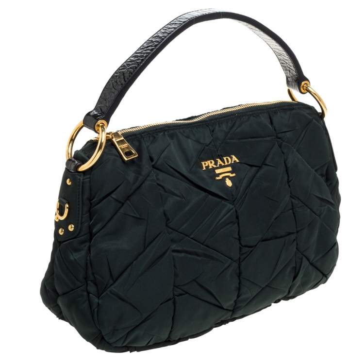 Pre Owned Prada Green Quiltin Nylon and Patent Leather Hobo