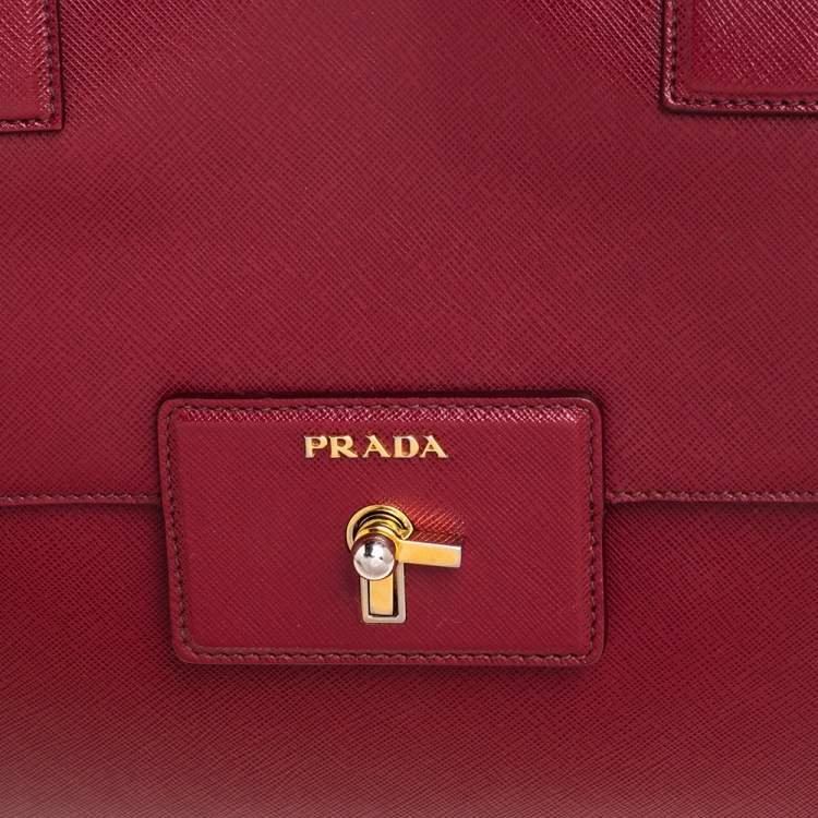 Pre Owned Prada Red Saffiano Lux Leather Spazzolato Gusset Top Handle Bag