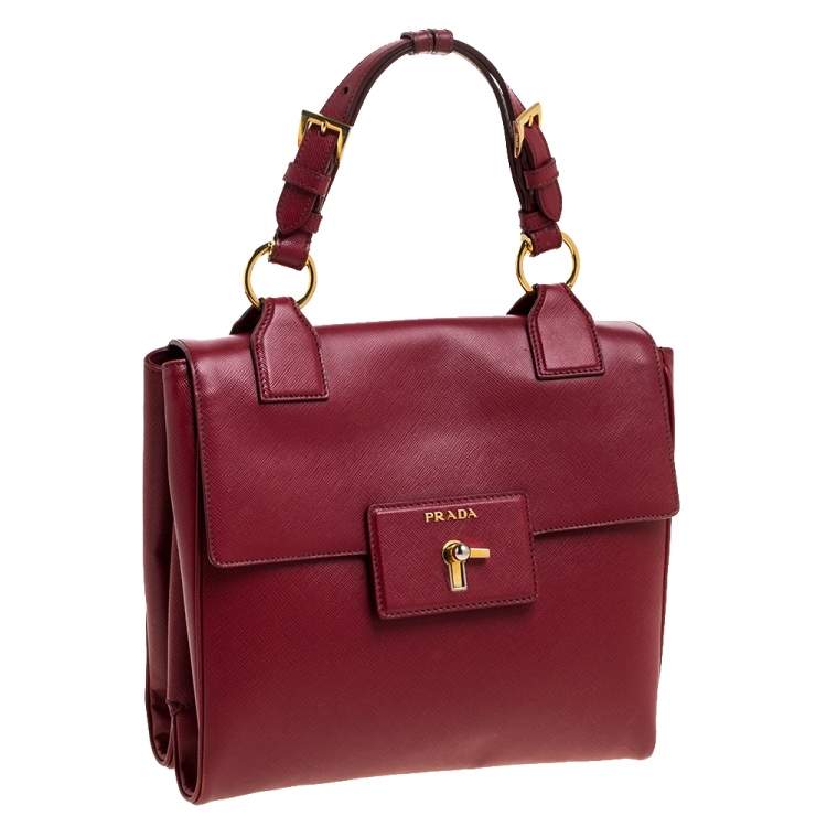 Pre Owned Prada Red Saffiano Lux Leather Spazzolato Gusset Top Handle Bag