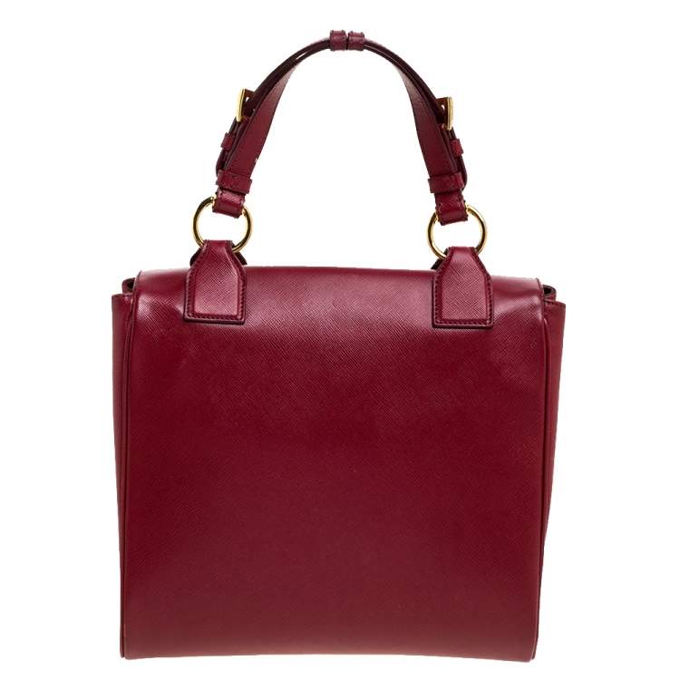 Pre Owned Prada Red Saffiano Lux Leather Spazzolato Gusset Top Handle Bag