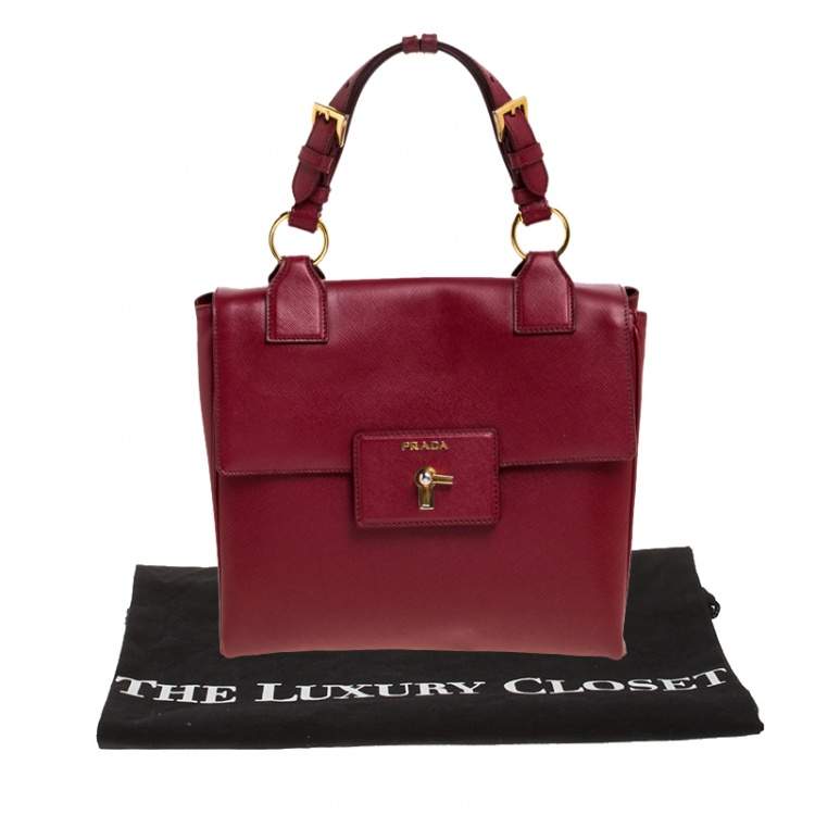 Pre Owned Prada Red Saffiano Lux Leather Spazzolato Gusset Top Handle Bag