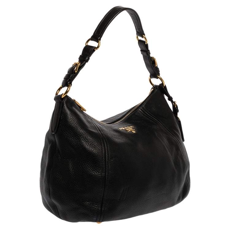 Pre Owned Prada Black Vitello Daino Leather Hobo