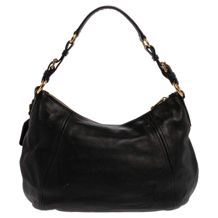 Pre Owned Prada Black Vitello Daino Leather Hobo