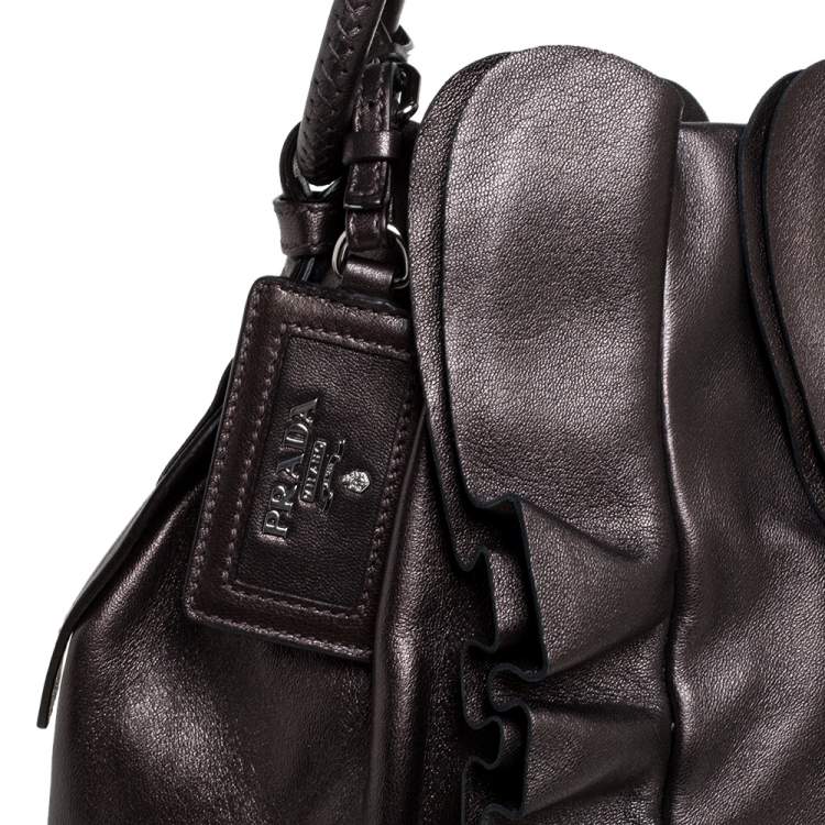 Pre Owned Prada Metallic Brown Leather Ruffle Mordore Hobo