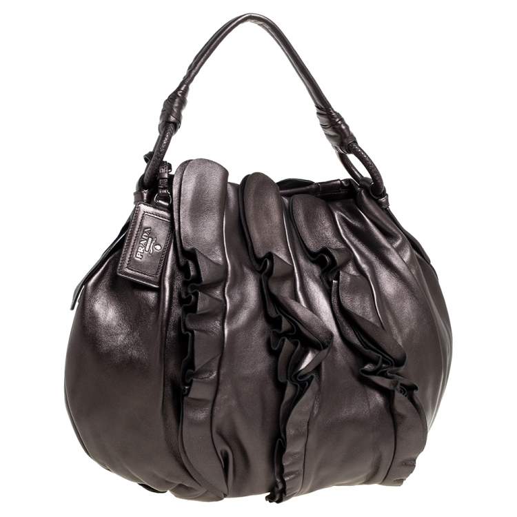 Pre Owned Prada Metallic Brown Leather Ruffle Mordore Hobo