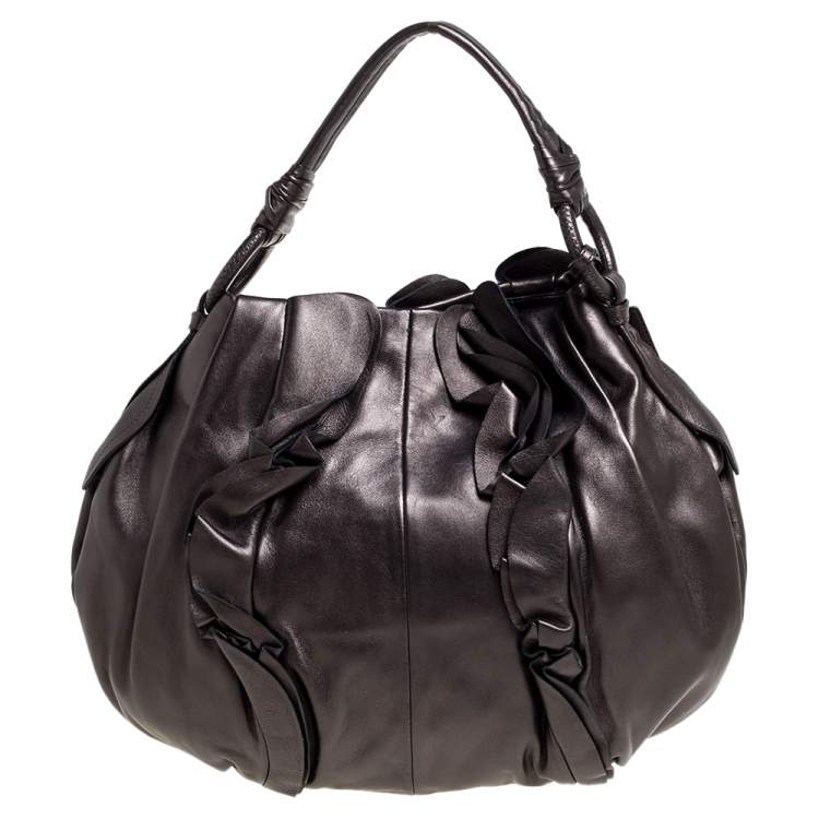 Pre Owned Prada Metallic Brown Leather Ruffle Mordore Hobo