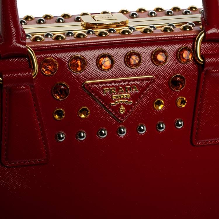 Pre Owned Prada Blush Pink/Red Patent Leather Pyramid Frame Bag