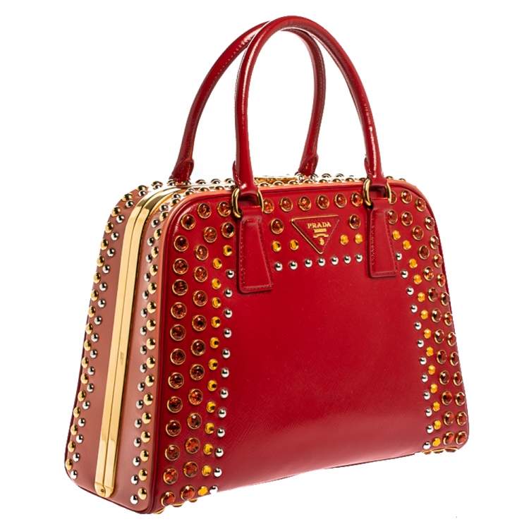 Pre Owned Prada Blush Pink/Red Patent Leather Pyramid Frame Bag
