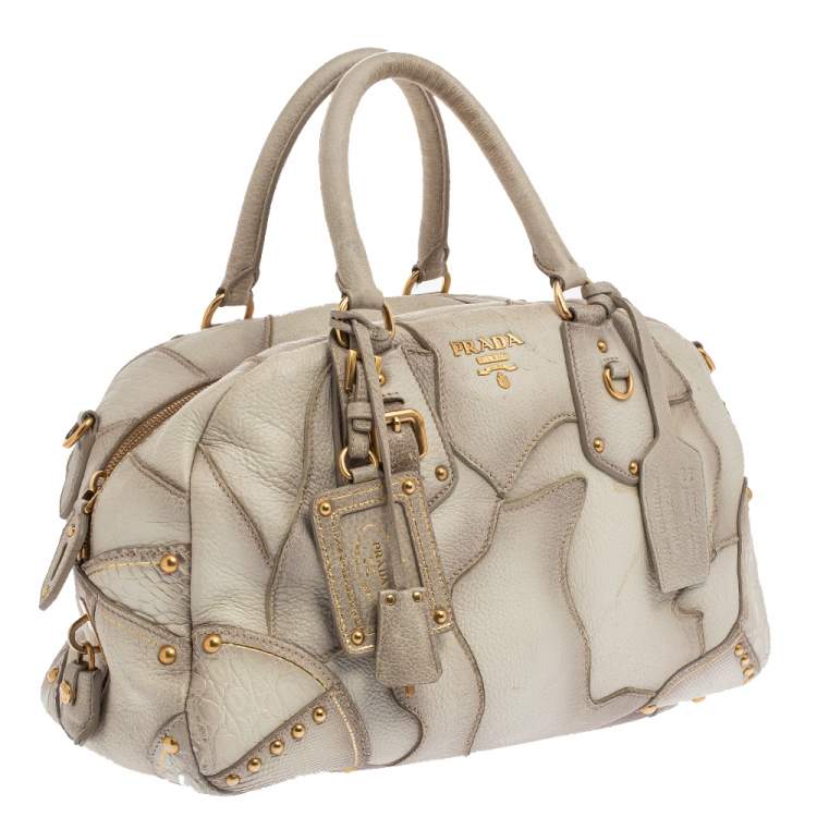 Pre Owned Prada White Ombre Deerskin Leather, Croco and Lizard Trim Patchwork Cervo Bowler Bag