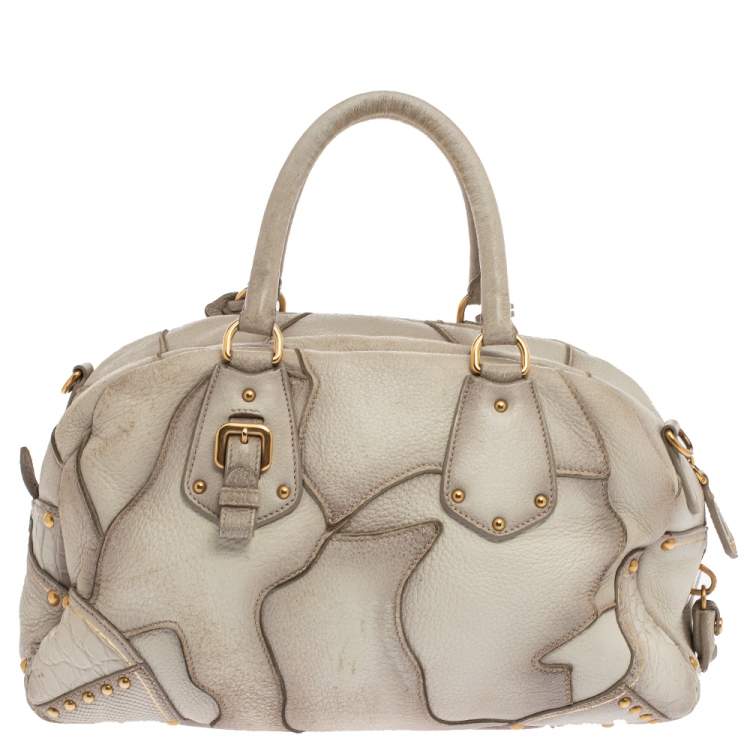 Pre Owned Prada White Ombre Deerskin Leather, Croco and Lizard Trim Patchwork Cervo Bowler Bag