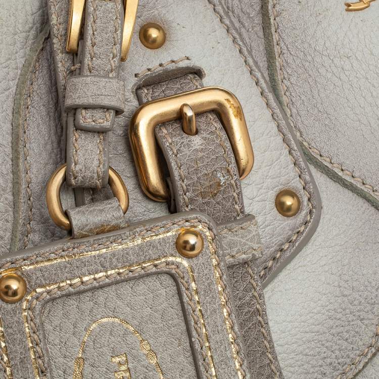 Pre Owned Prada White Ombre Deerskin Leather, Croco and Lizard Trim Patchwork Cervo Bowler Bag