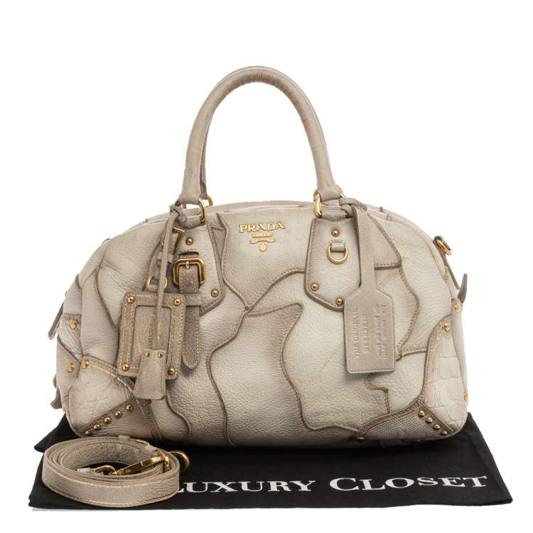 Pre Owned Prada White Ombre Deerskin Leather, Croco and Lizard Trim Patchwork Cervo Bowler Bag