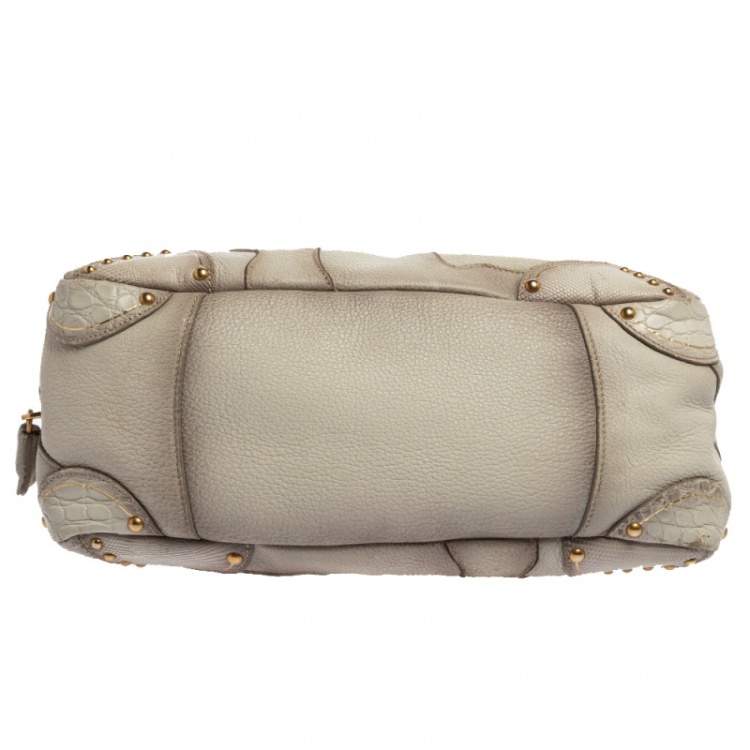 Pre Owned Prada White Ombre Deerskin Leather, Croco and Lizard Trim Patchwork Cervo Bowler Bag