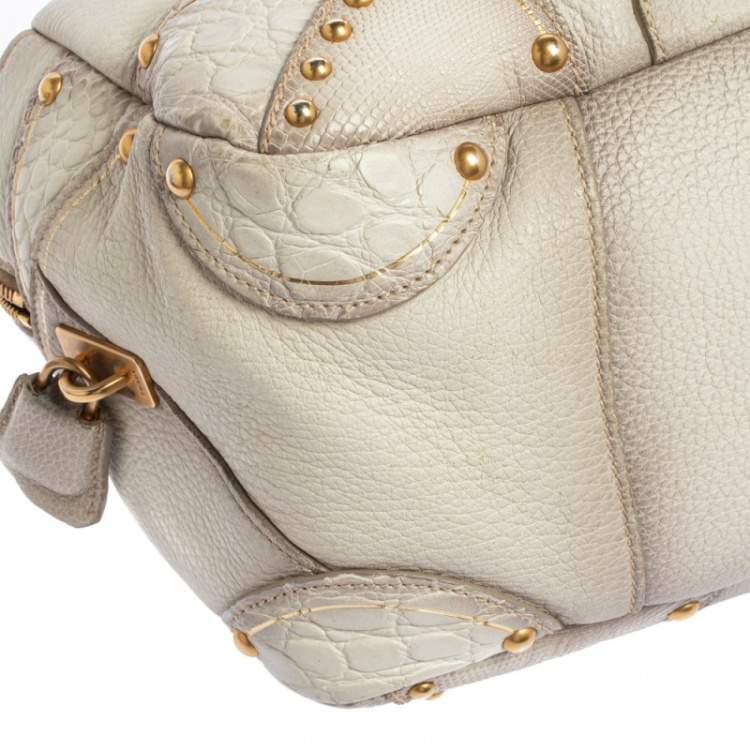 Pre Owned Prada White Ombre Deerskin Leather, Croco and Lizard Trim Patchwork Cervo Bowler Bag