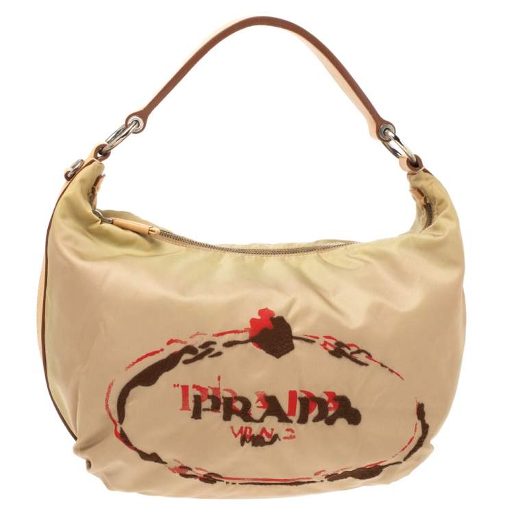 PRADA Beige Tessuto Nylon Logo Hobo Bag - The Purse Ladies