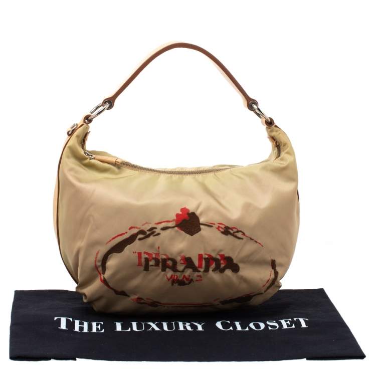 Pre Owned Prada Beige Tessuto Nylon Stencil Hobo 