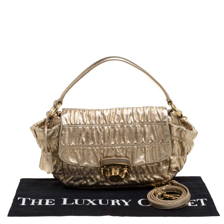 Pre Owned Prada Metallic Gold Matelasse Leather Pushlock Flap Hobo