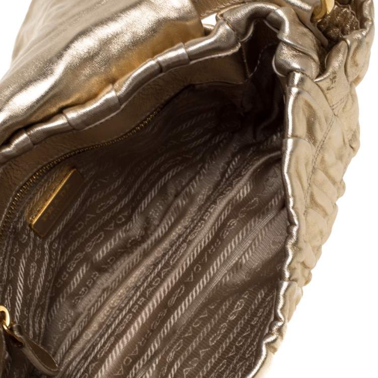 Pre Owned Prada Metallic Gold Matelasse Leather Pushlock Flap Hobo