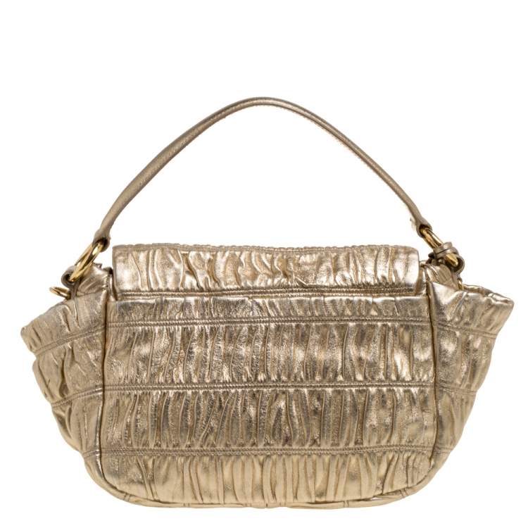Pre Owned Prada Metallic Gold Matelasse Leather Pushlock Flap Hobo