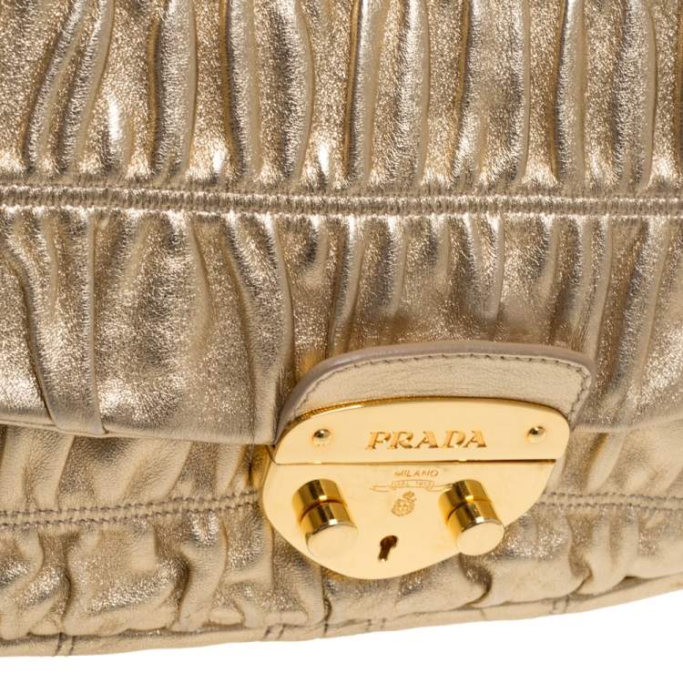 Pre Owned Prada Metallic Gold Matelasse Leather Pushlock Flap Hobo