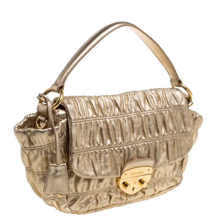Pre Owned Prada Metallic Gold Matelasse Leather Pushlock Flap Hobo