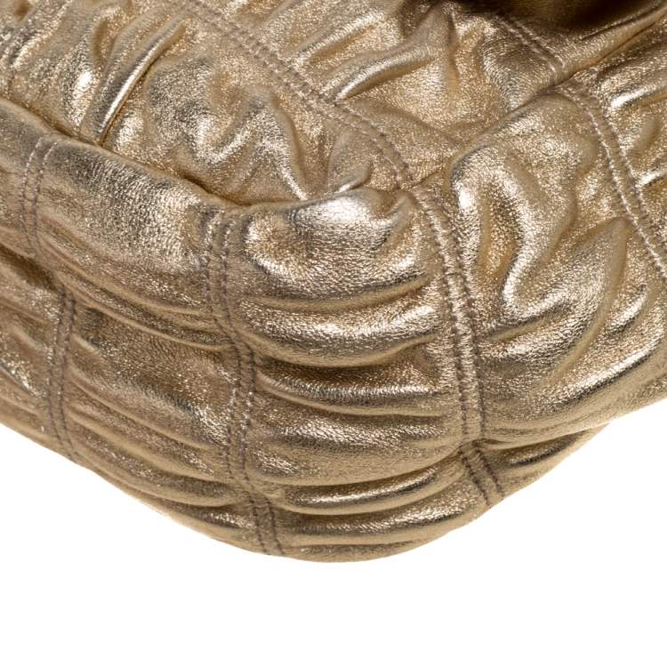 Pre Owned Prada Metallic Gold Matelasse Leather Pushlock Flap Hobo