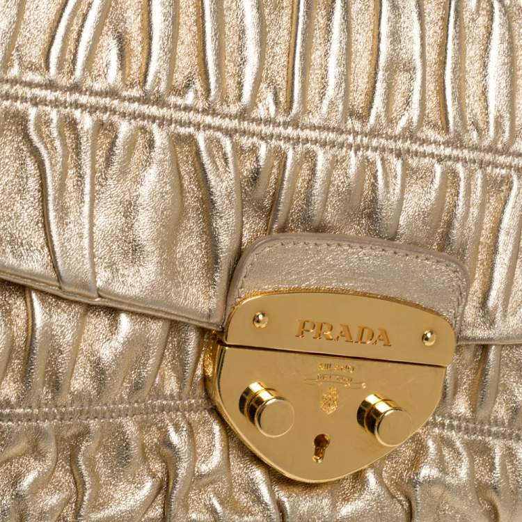 Pre Owned Prada Metallic Gold Matelasse Leather Pushlock Flap Hobo