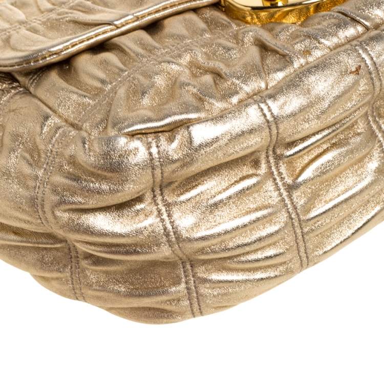 Pre Owned Prada Metallic Gold Matelasse Leather Pushlock Flap Hobo