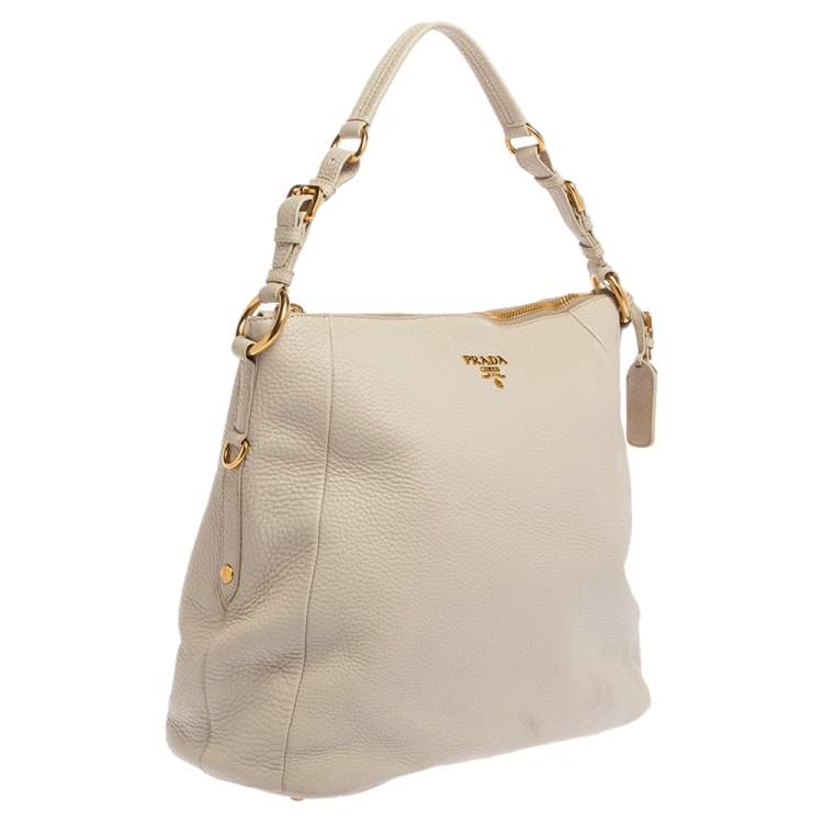 Pre Owned Prada Off White Vitello Daino  Leather Zip Hobo