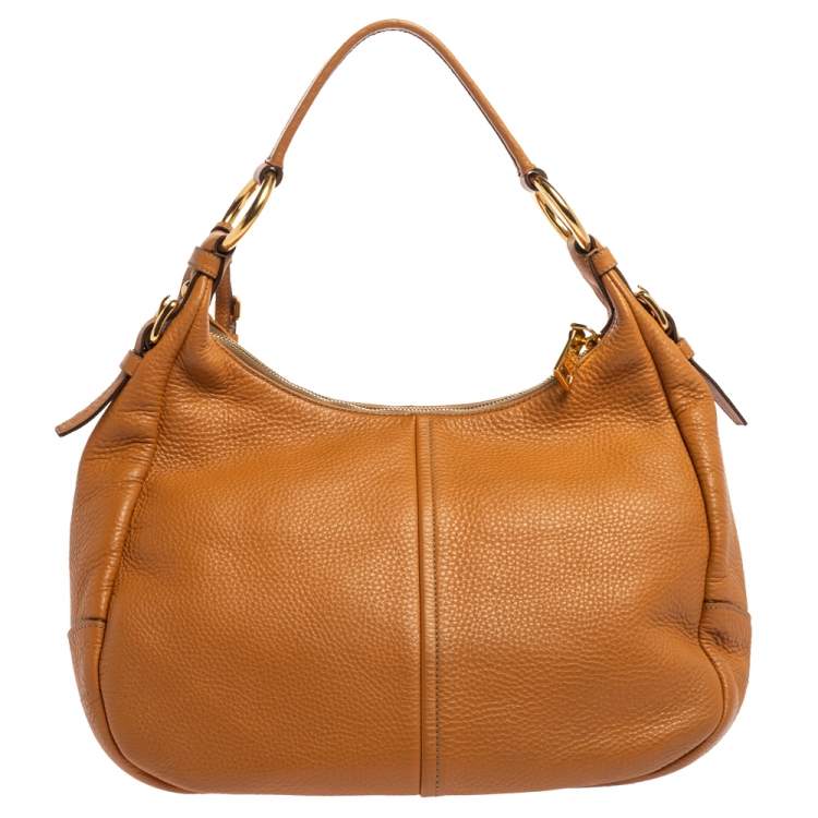 Pre Owned Prada Tan Vitello Daino Leather Zip Top Hobo