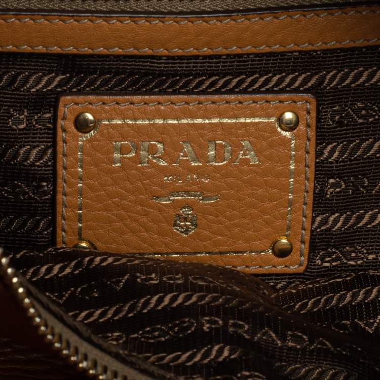 Pre Owned Prada Tan Vitello Daino Leather Zip Top Hobo