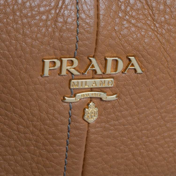 Pre Owned Prada Tan Vitello Daino Leather Zip Top Hobo