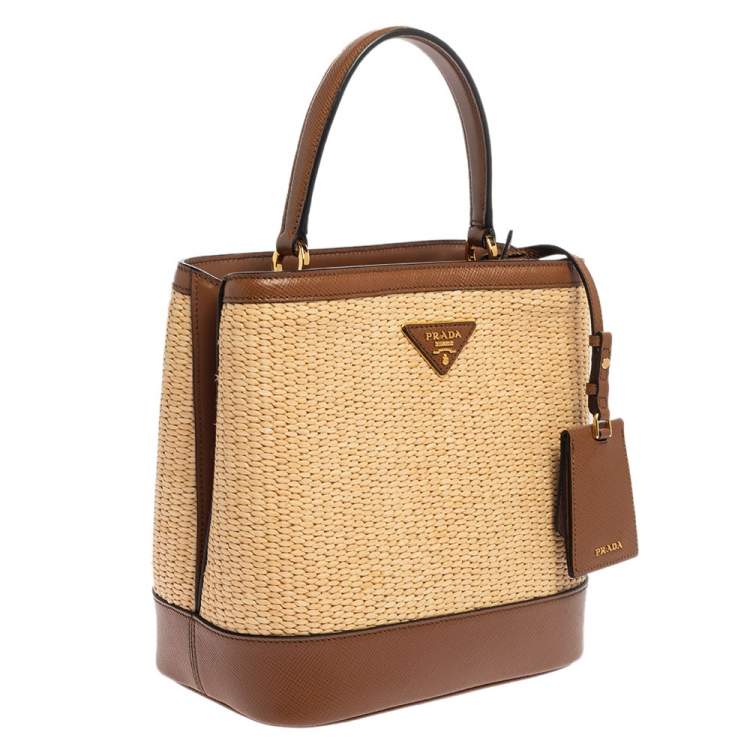 Pre Owned Prada Brown/Beige Raffia and Leather Medium Panier Top Handle Bag