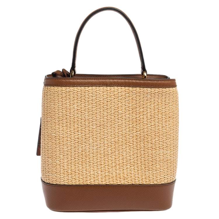 Pre Owned Prada Brown/Beige Raffia and Leather Medium Panier Top Handle Bag