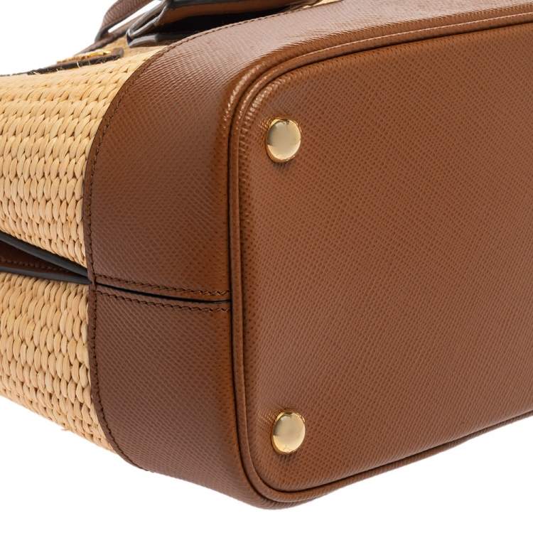 Pre Owned Prada Brown/Beige Raffia and Leather Medium Panier Top Handle Bag
