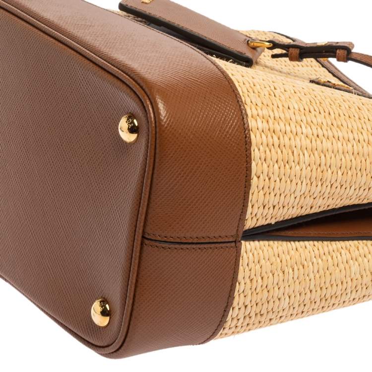 Pre Owned Prada Brown/Beige Raffia and Leather Medium Panier Top Handle Bag